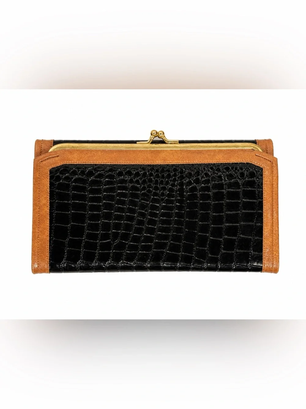 Black Crocodile Embossed Leather Checkbook Wallet Brown Trim